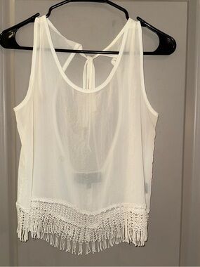 Dress the Population Sheer Cream Crochet Fringe Tank Top